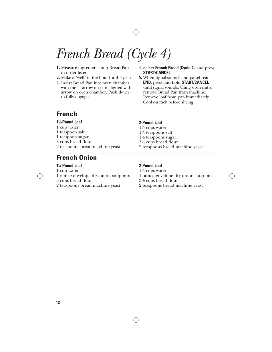 French bread (cycle 4), French, French onion | GE 840081500 User Manual | Page 12 / 36