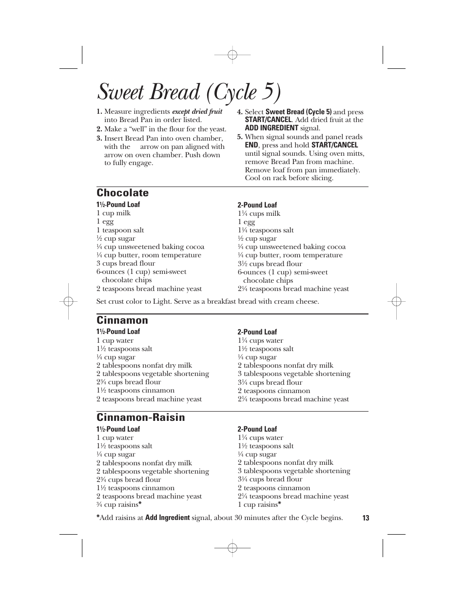 Sweet bread (cycle 5), Chocolate, Cinnamon | Cinnamon-raisin | GE 840081500 User Manual | Page 13 / 36