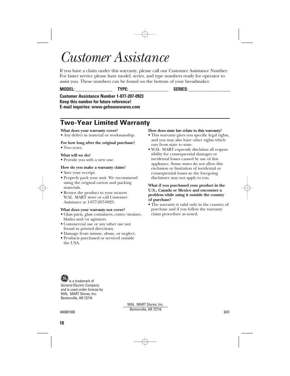 Customer assistance, Two-year limited warranty | GE 840081500 User Manual | Page 18 / 36