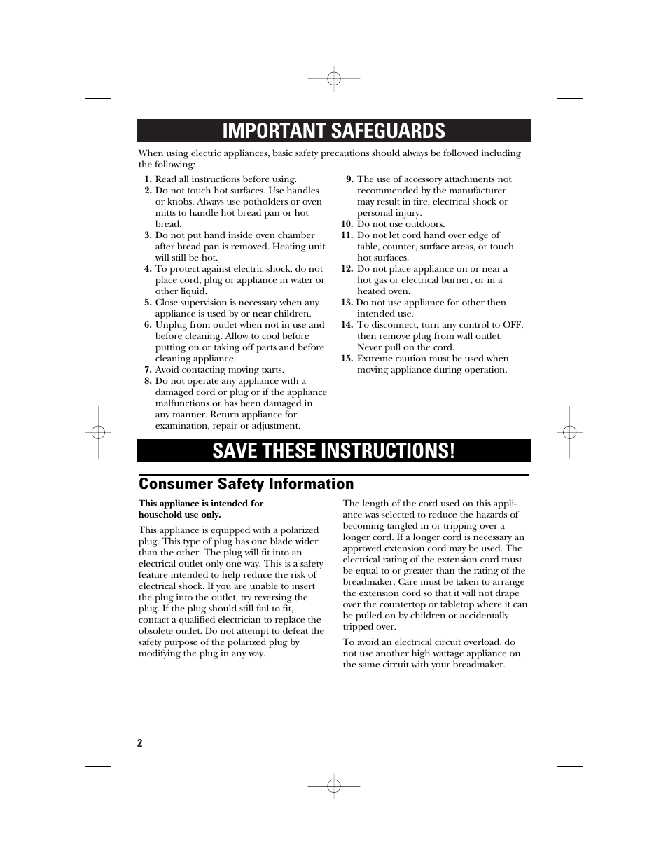 Important safeguards, Important safeguards save these instructions, Consumer safety information | GE 840081500 User Manual | Page 2 / 36