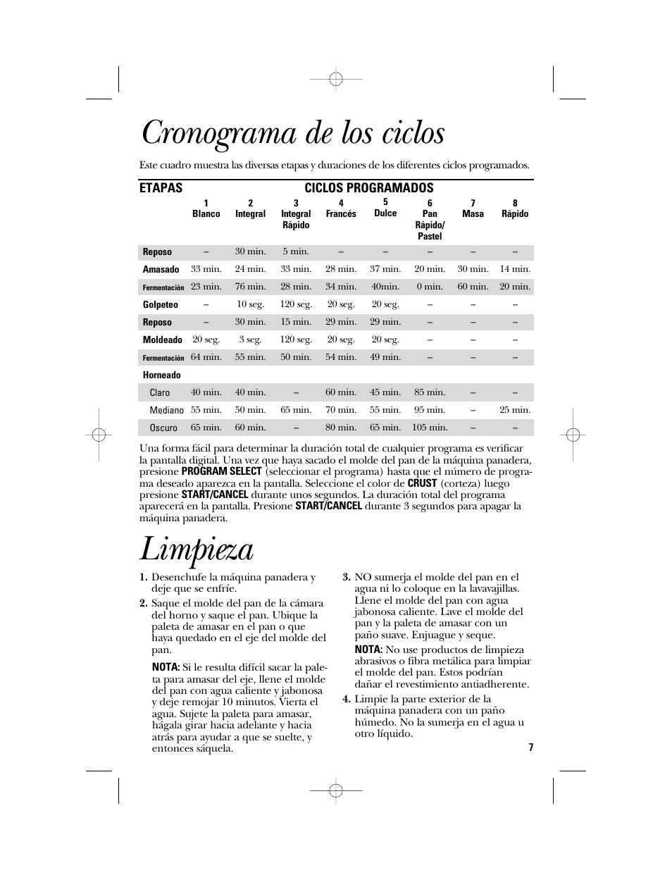 Cronograma de los ciclos, Limpieza | GE 840081500 User Manual | Page 25 / 36