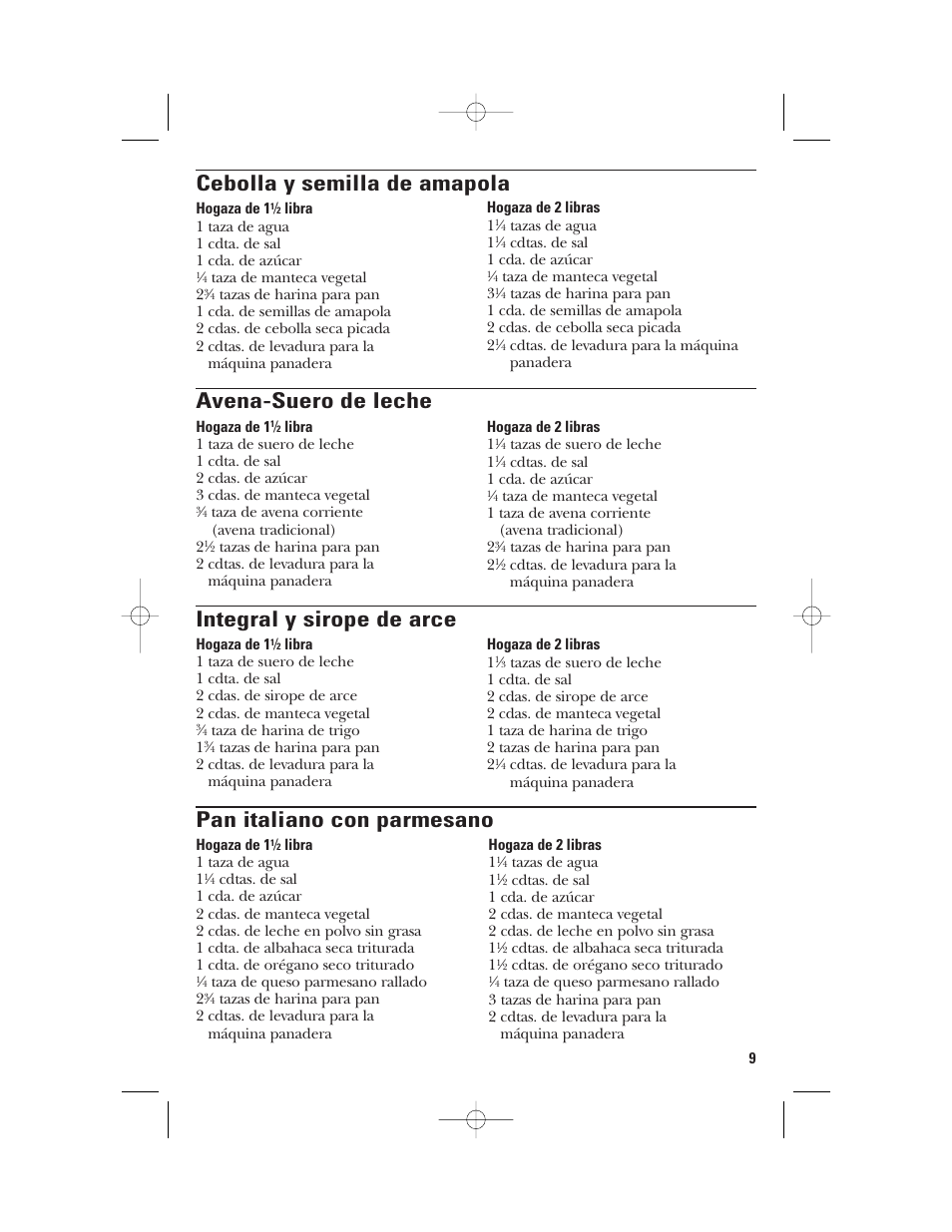 Cebolla y semilla de amapola, Avena-suero de leche, Integral y sirope de arce | Pan italiano con parmesano | GE 840081500 User Manual | Page 27 / 36