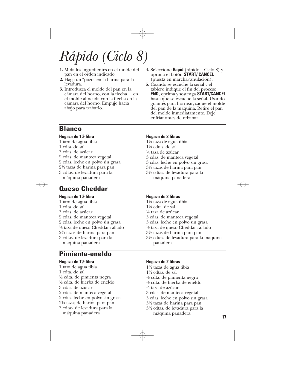 Rápido (ciclo 8), Blanco, Queso cheddar | Pimienta-eneldo | GE 840081500 User Manual | Page 35 / 36