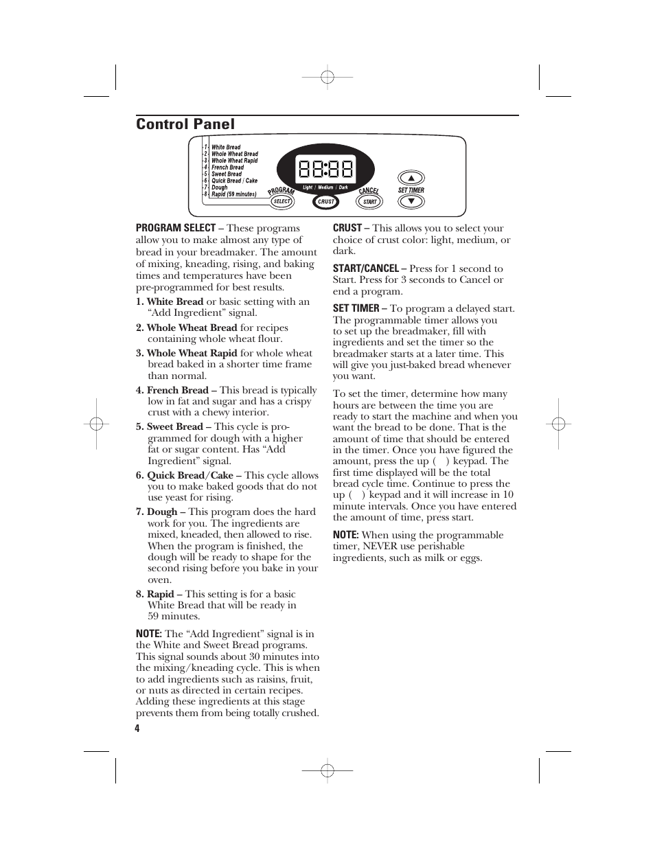 Control panel | GE 840081500 User Manual | Page 4 / 36