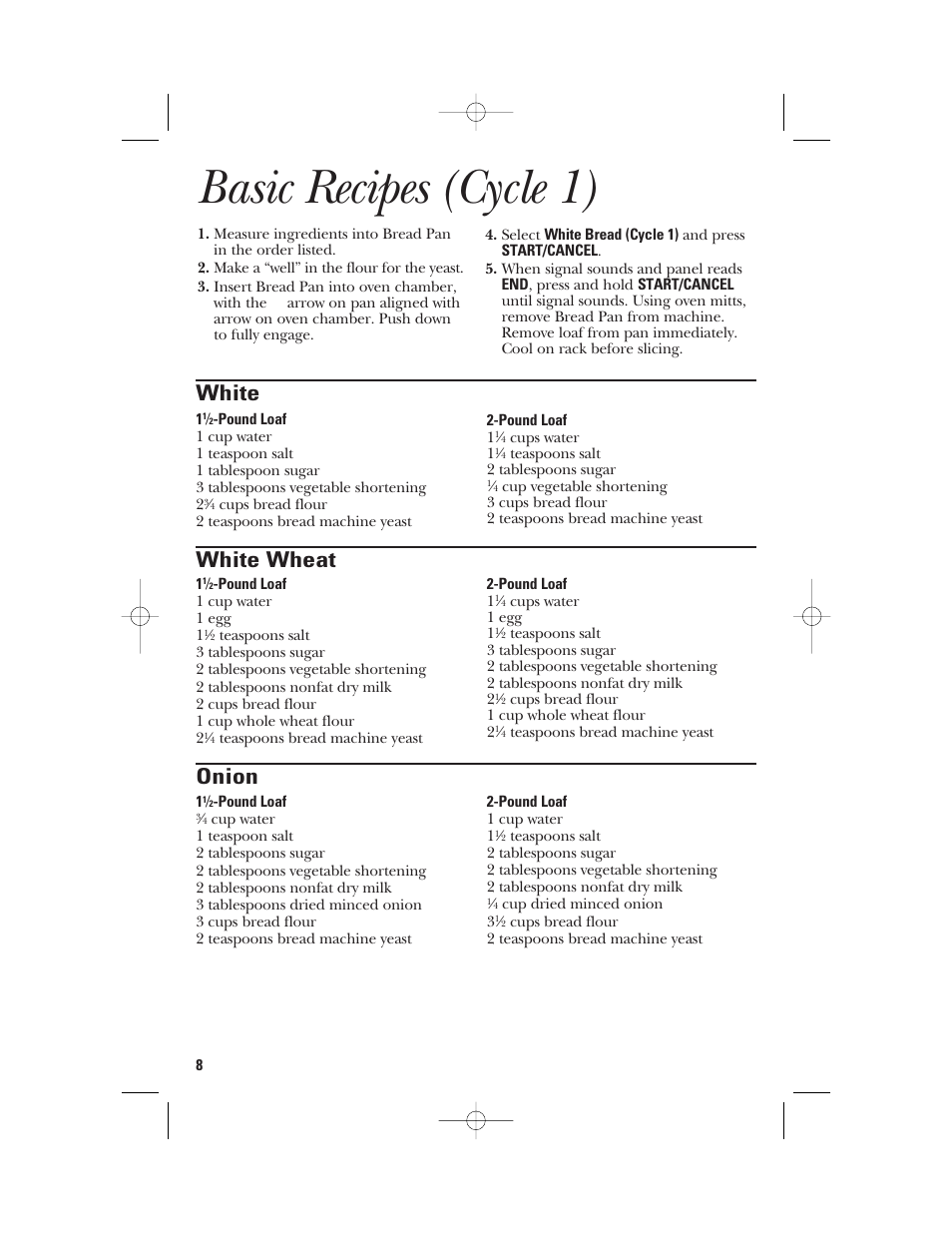 Recipes, Recipes -17, Basic recipes (cycle 1) | White, White wheat, Onion | GE 840081500 User Manual | Page 8 / 36