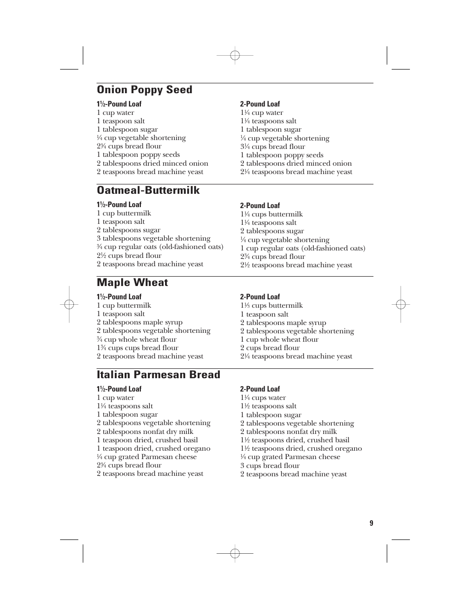Onion poppy seed, Oatmeal-buttermilk, Maple wheat | Italian parmesan bread | GE 840081500 User Manual | Page 9 / 36