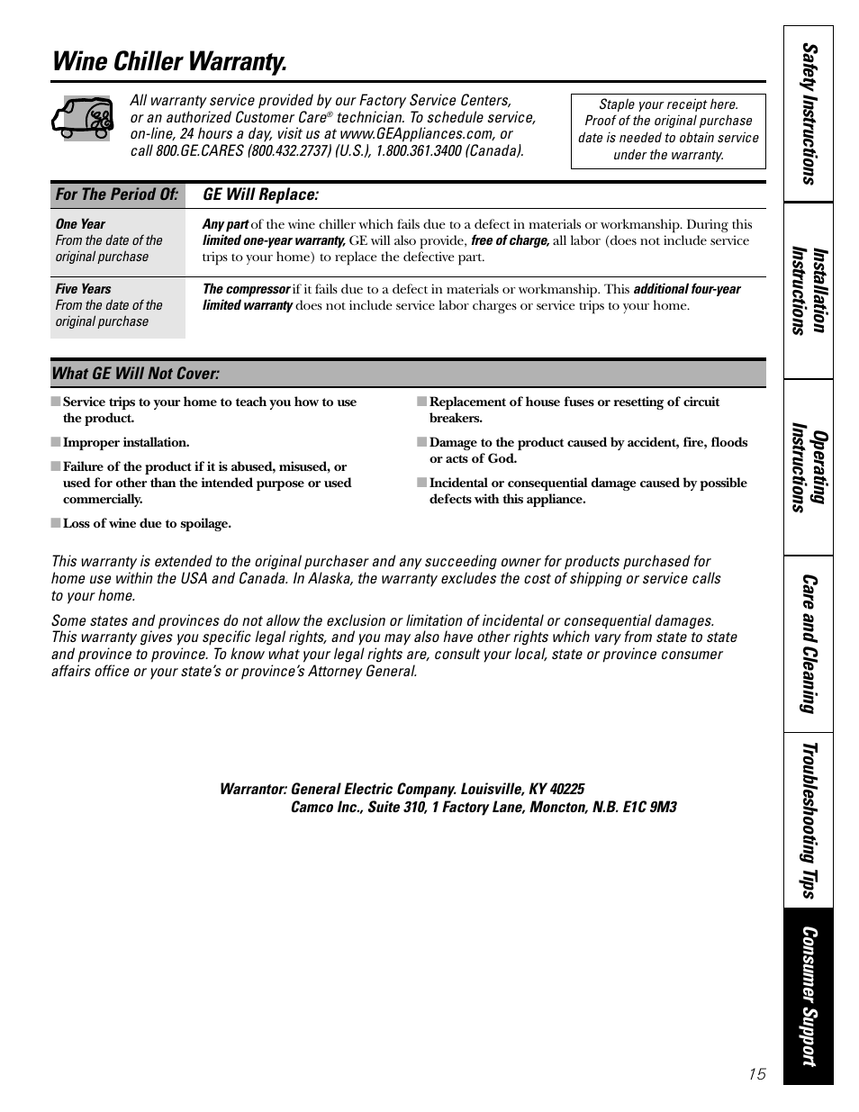 Warranty, Wine chiller warranty | GE Wine Chiller User Manual | Page 15 / 32