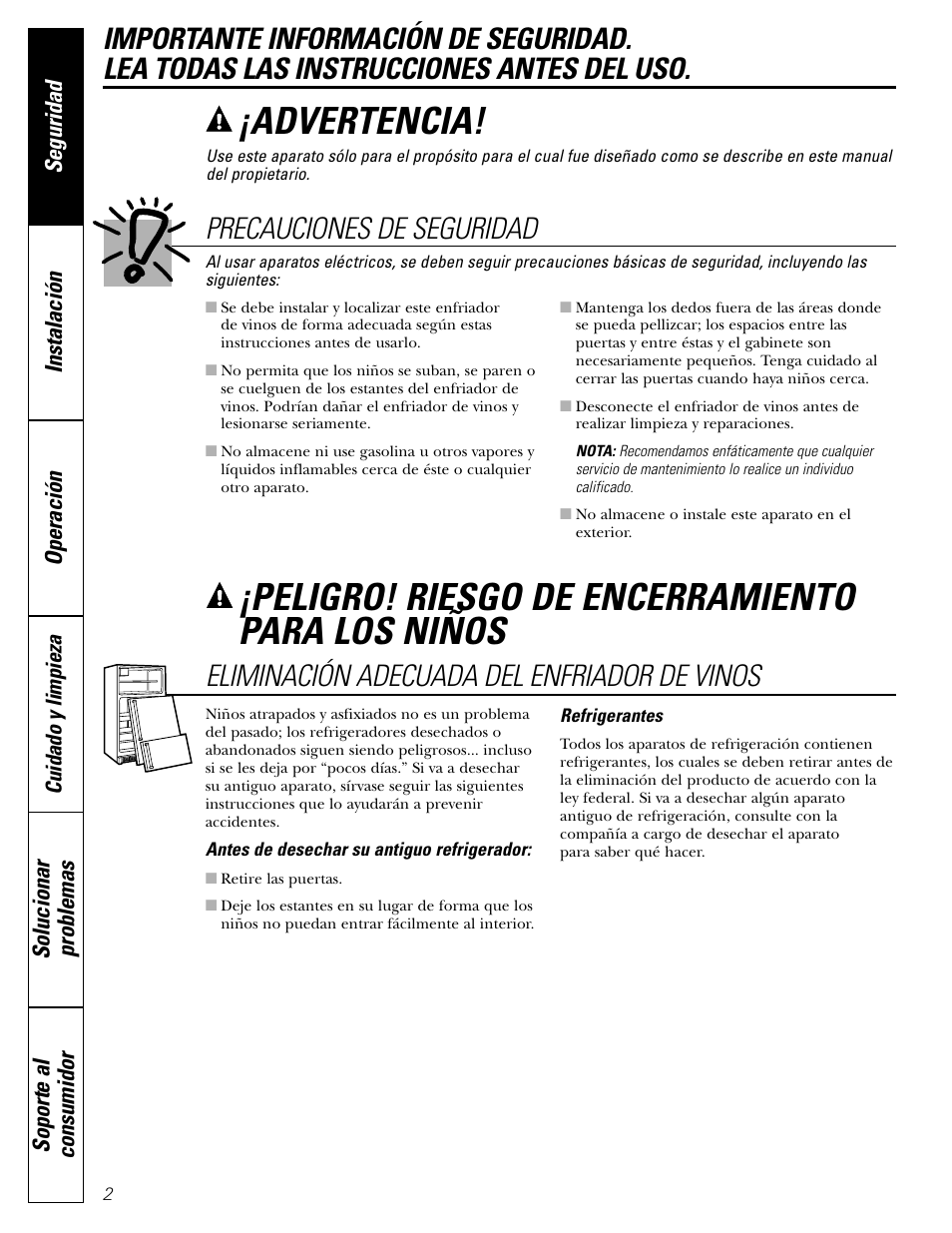 Información de seguridad, Peligro! riesgo de encerramiento para los niños, Advertencia | Eliminación adecuada del enfriador de vinos, Precauciones de seguridad | GE Wine Chiller User Manual | Page 18 / 32