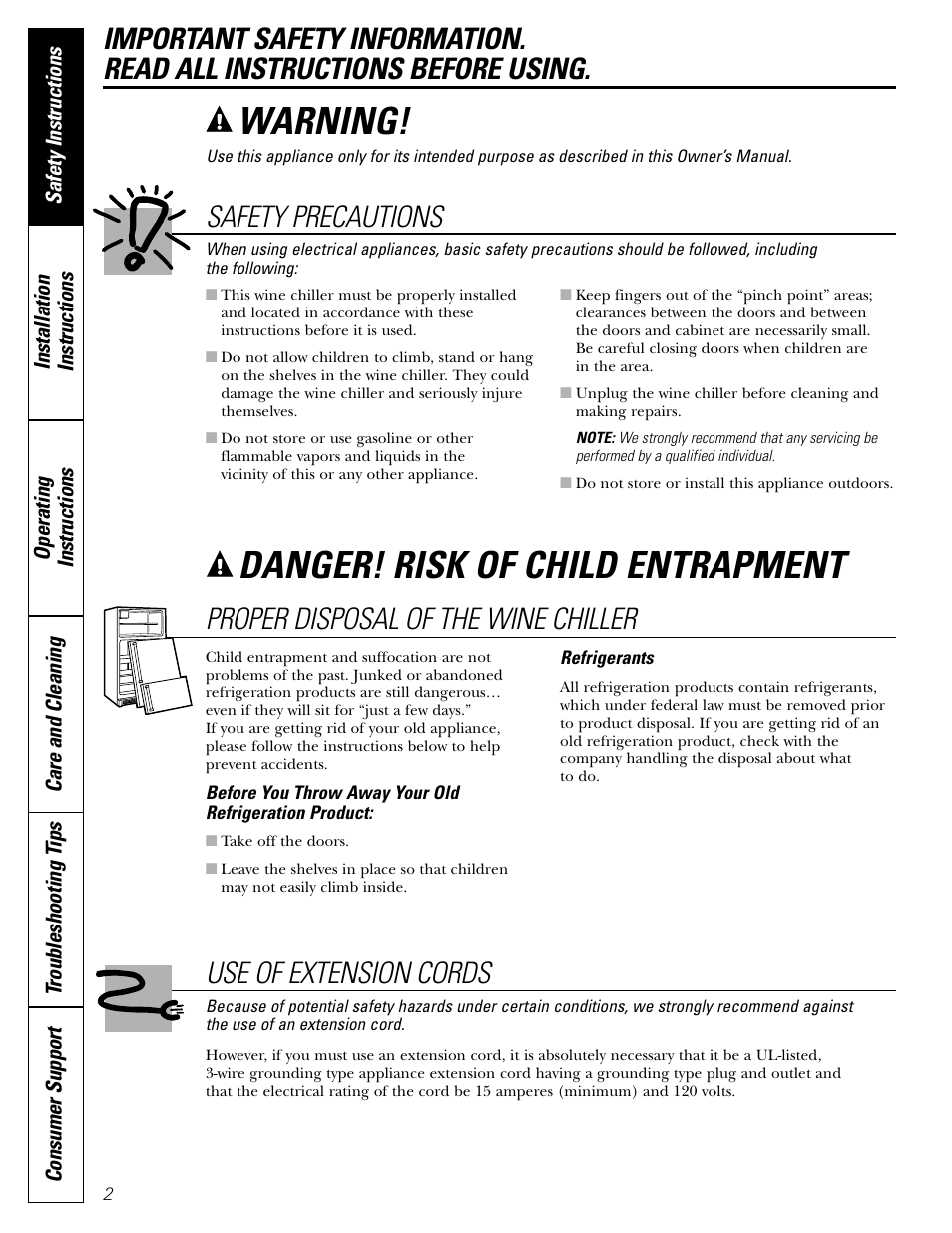 Safety instructions, Danger! risk of child entrapment, Warning | Proper disposal of the wine chiller, Use of extension cords, Safety precautions | GE Wine Chiller User Manual | Page 2 / 32