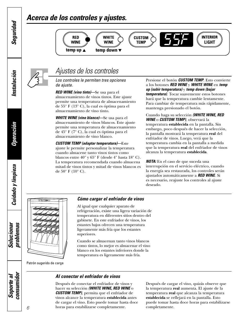 Ajustes de control, Ajustes de control , 7, Acerca de los controles y ajustes | Ajustes de los controles | GE Wine Chiller User Manual | Page 22 / 32