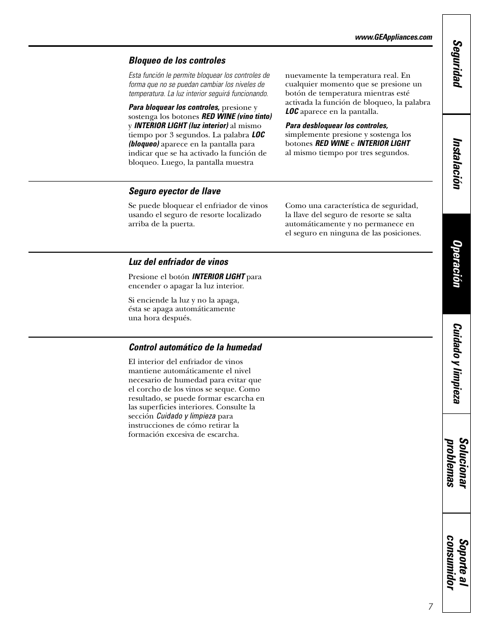 Control automático de la humedad, Bloqueo de los controles | GE Wine Chiller User Manual | Page 23 / 32