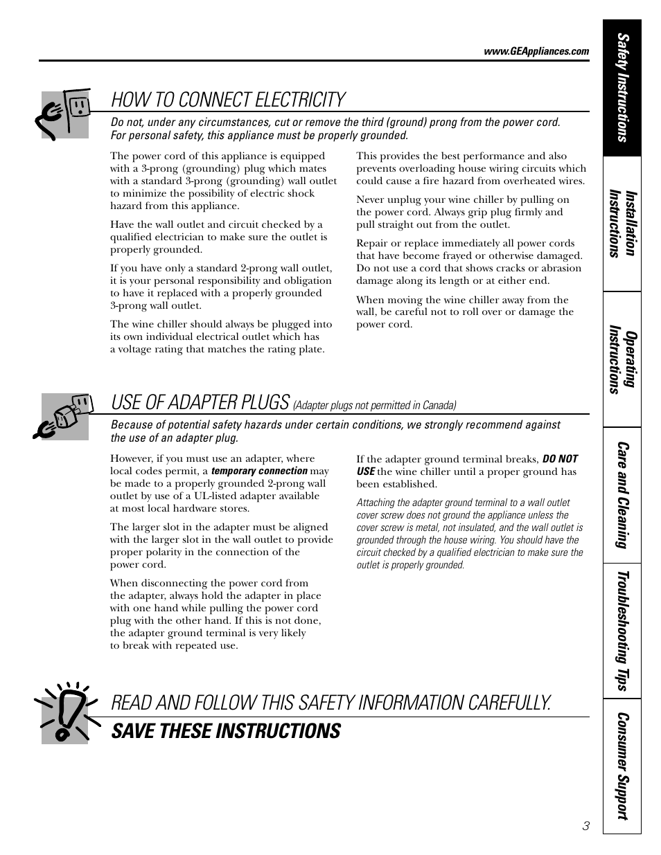 How to connect electricity, Use of adapter plugs | GE Wine Chiller User Manual | Page 3 / 32