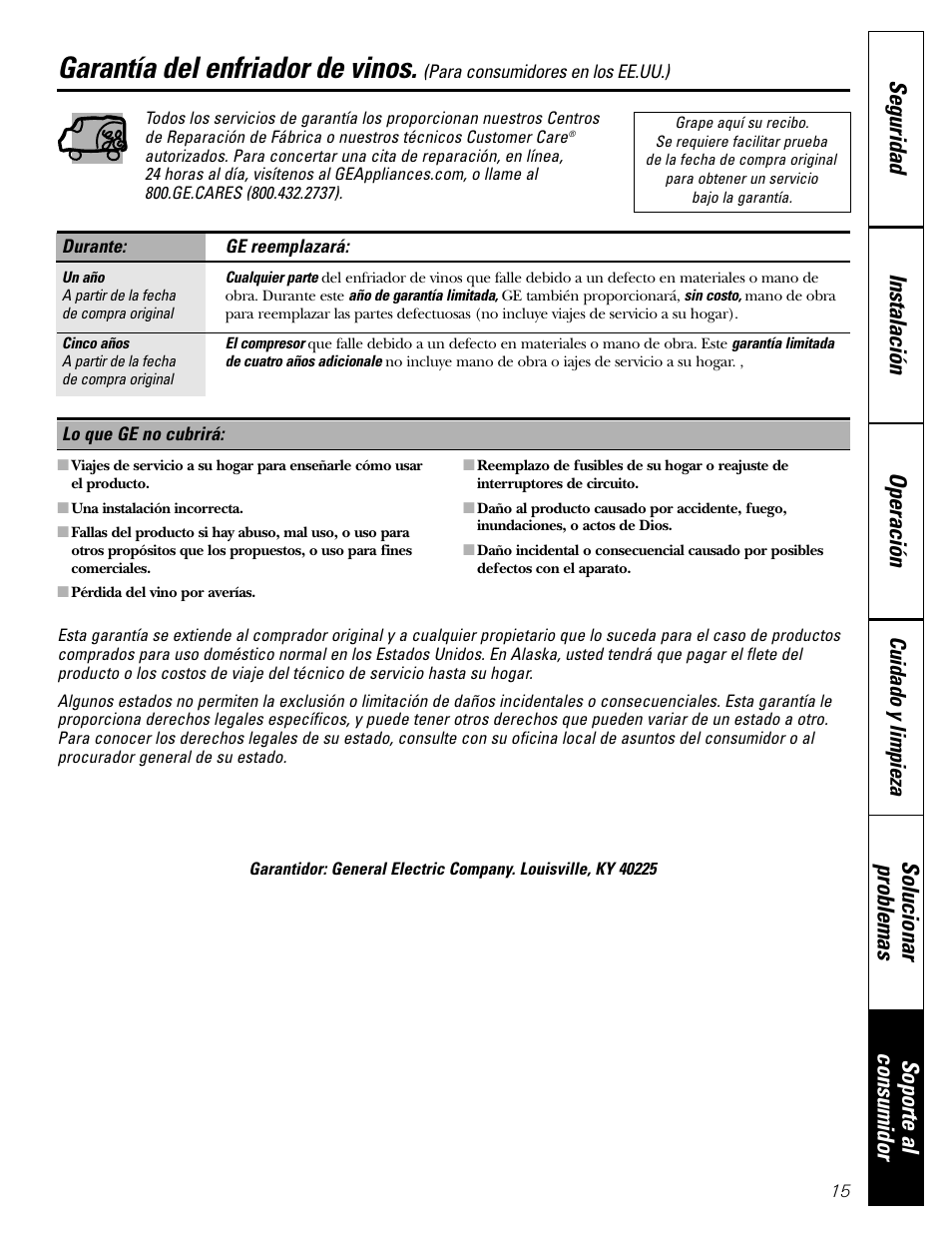 Garantía, Garantía del enfriador de vinos, Cuidado y limpieza | GE Wine Chiller User Manual | Page 31 / 32