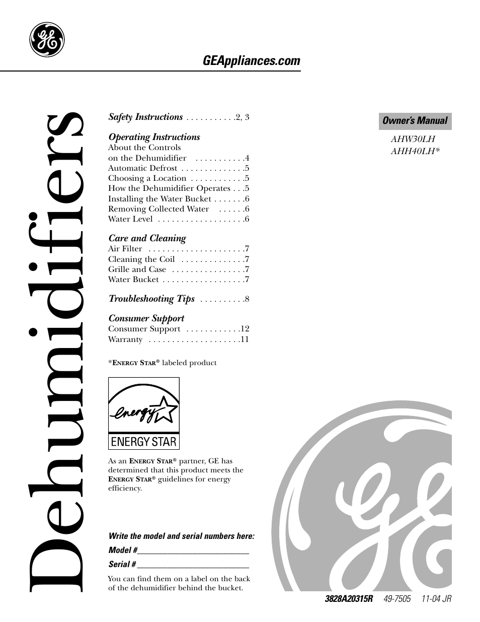 GE AHW30LH User Manual | 24 pages