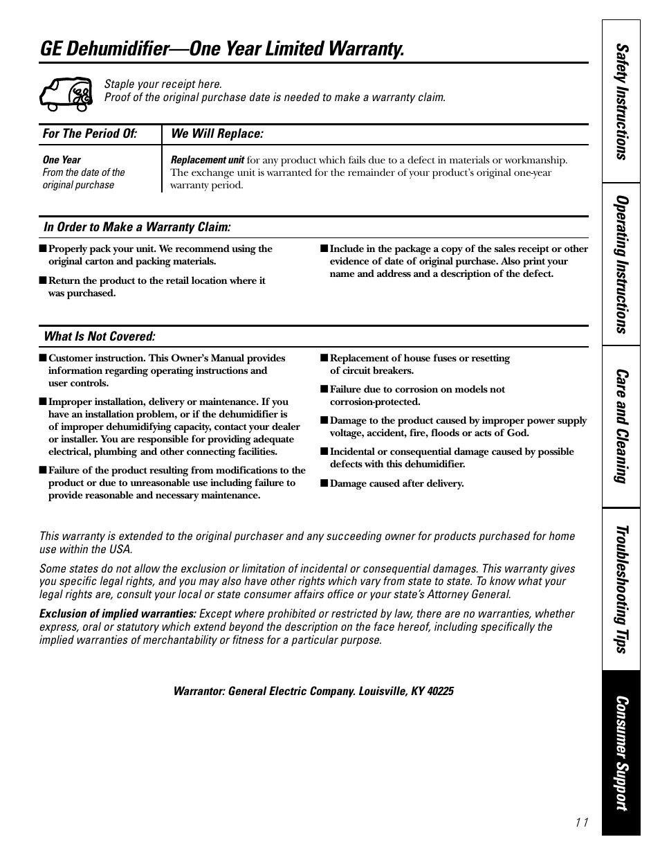 Warranty, Ge dehumidifier—one year limited warranty | GE AHW30LH User Manual | Page 11 / 24