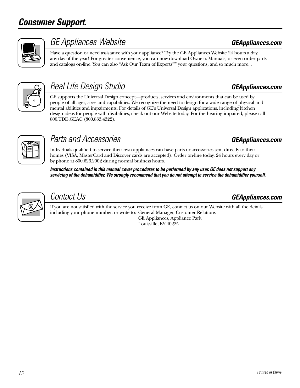 Consumer support, Consumer support. ge appliances website, Real life design studio | Parts and accessories, Contact us | GE AHW30LH User Manual | Page 12 / 24