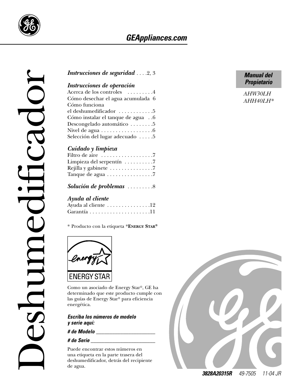 Spanish table of contents, Instrucciones de operación, Cuidado y limpieza | Ayuda al cliente, Deshumedificador | GE AHW30LH User Manual | Page 13 / 24