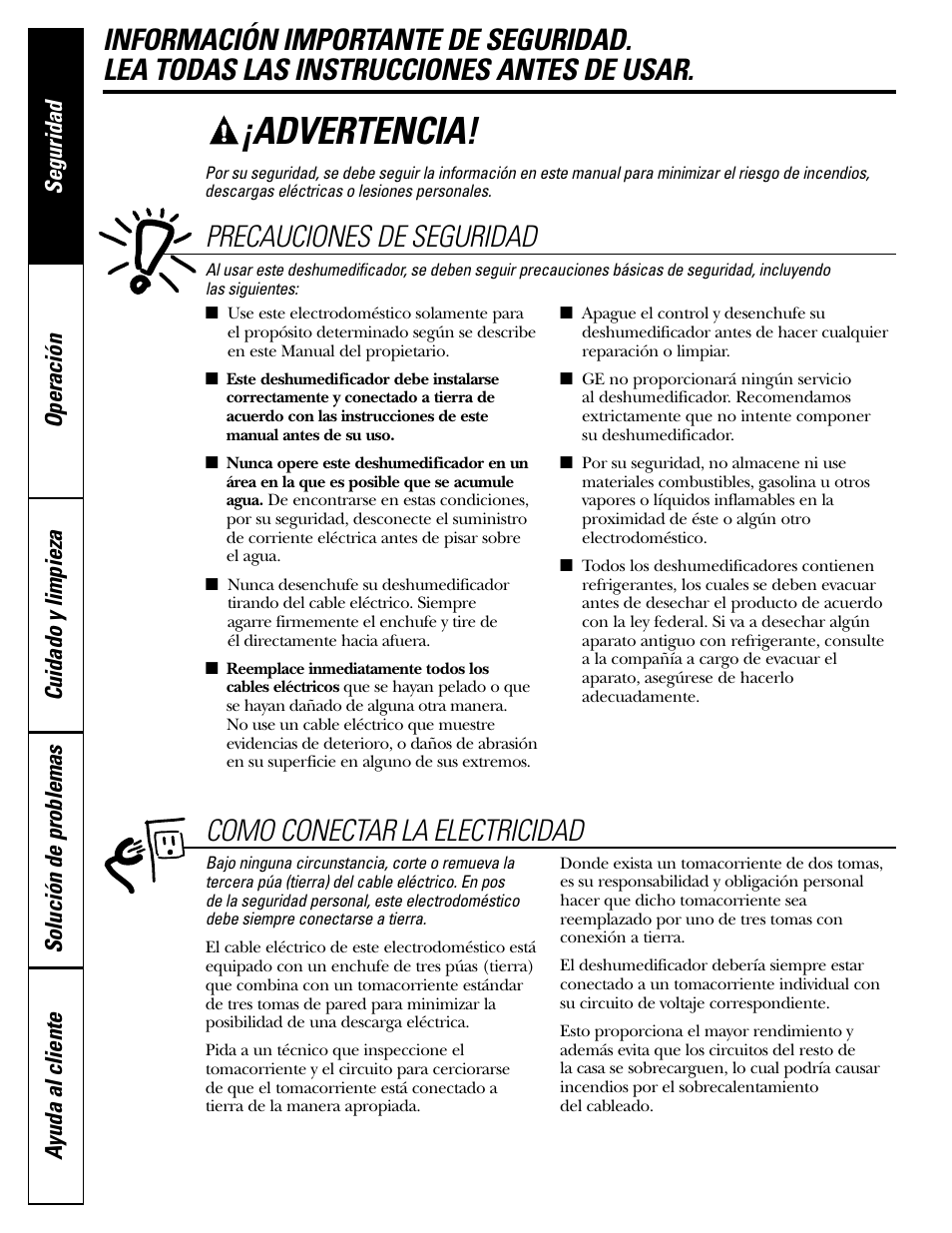 Instrucciones de seguridad, Advertencia, Precauciones de seguridad | Como conectar la electricidad | GE AHW30LH User Manual | Page 14 / 24