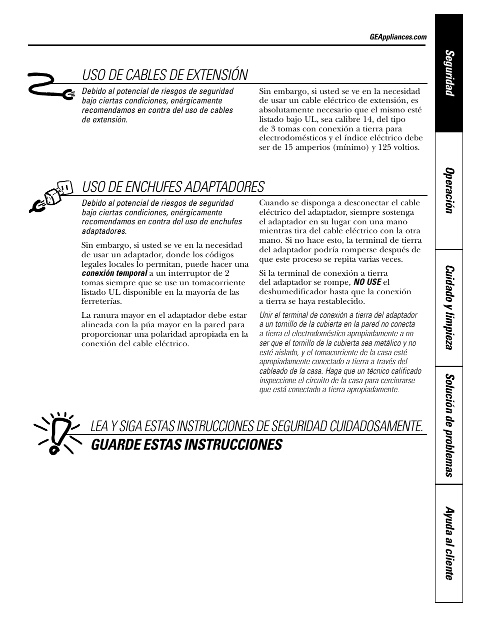 Uso de cables de extensión | GE AHW30LH User Manual | Page 15 / 24