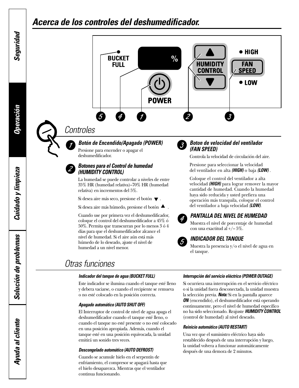 Acerca de los controles, Otras funciones | GE AHW30LH User Manual | Page 16 / 24