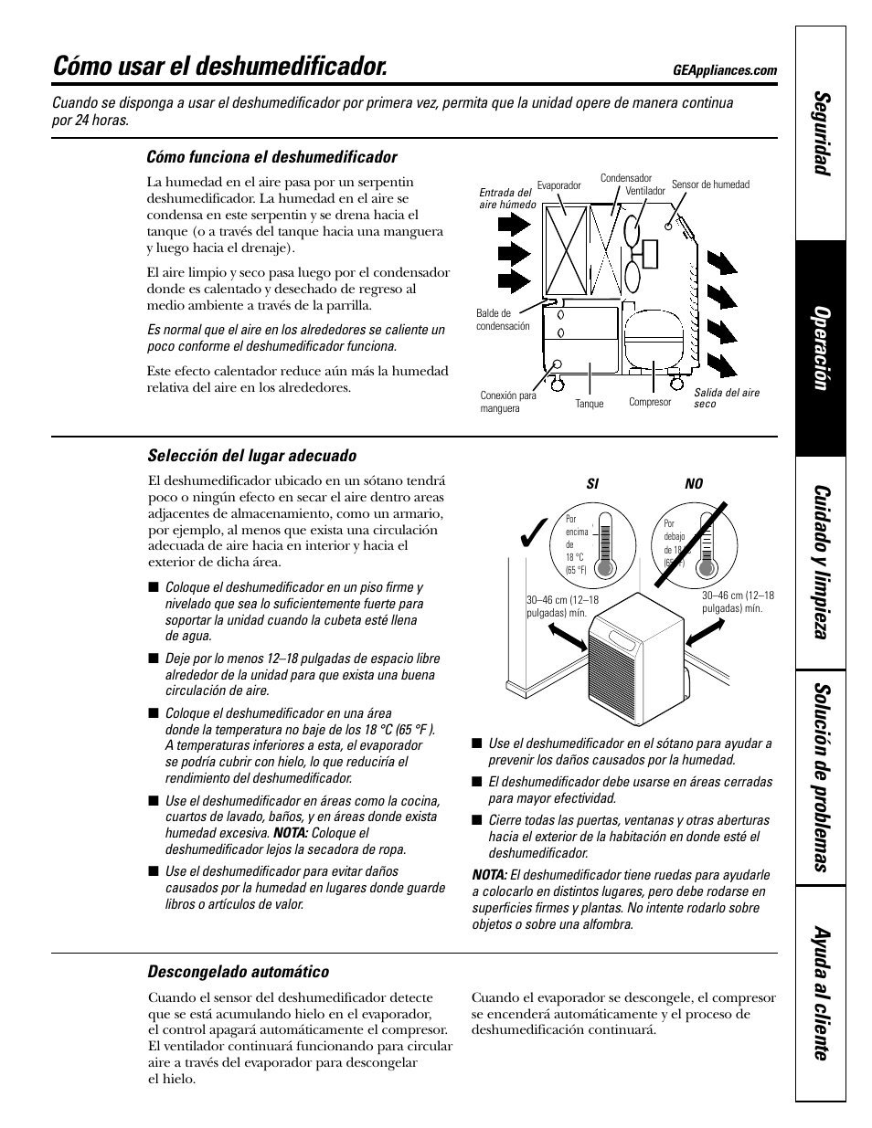 Cómo funciona el deshumedificador, Descongelado automático, Selección del lugar adecuado | Cómo usar el deshumedificador | GE AHW30LH User Manual | Page 17 / 24