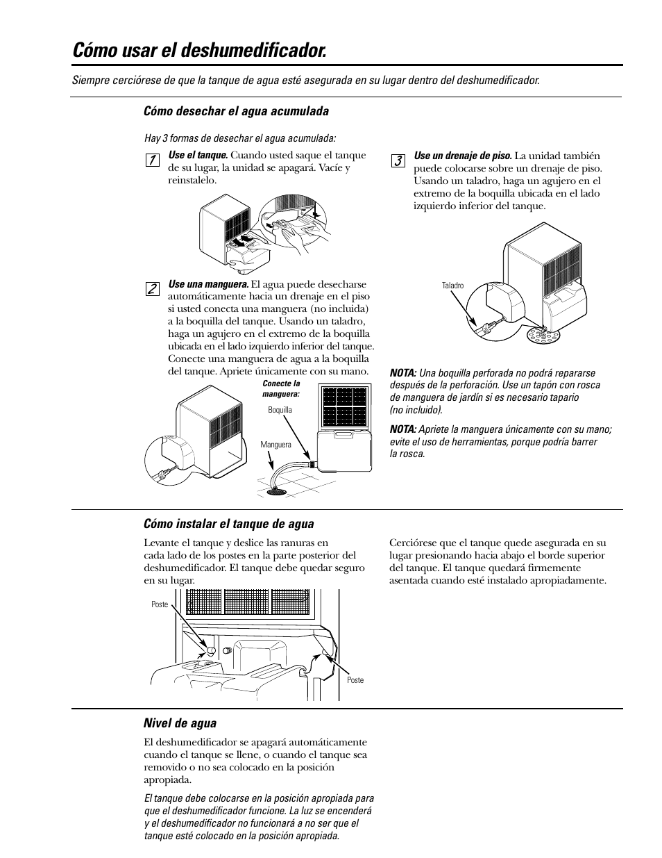 Cómo desechar el agua acumulada, Cómo instalar el tanque de agua, Nivel de agua | Cómo desechar el agua acumulada 6, Cómo usar el deshumedificador | GE AHW30LH User Manual | Page 18 / 24