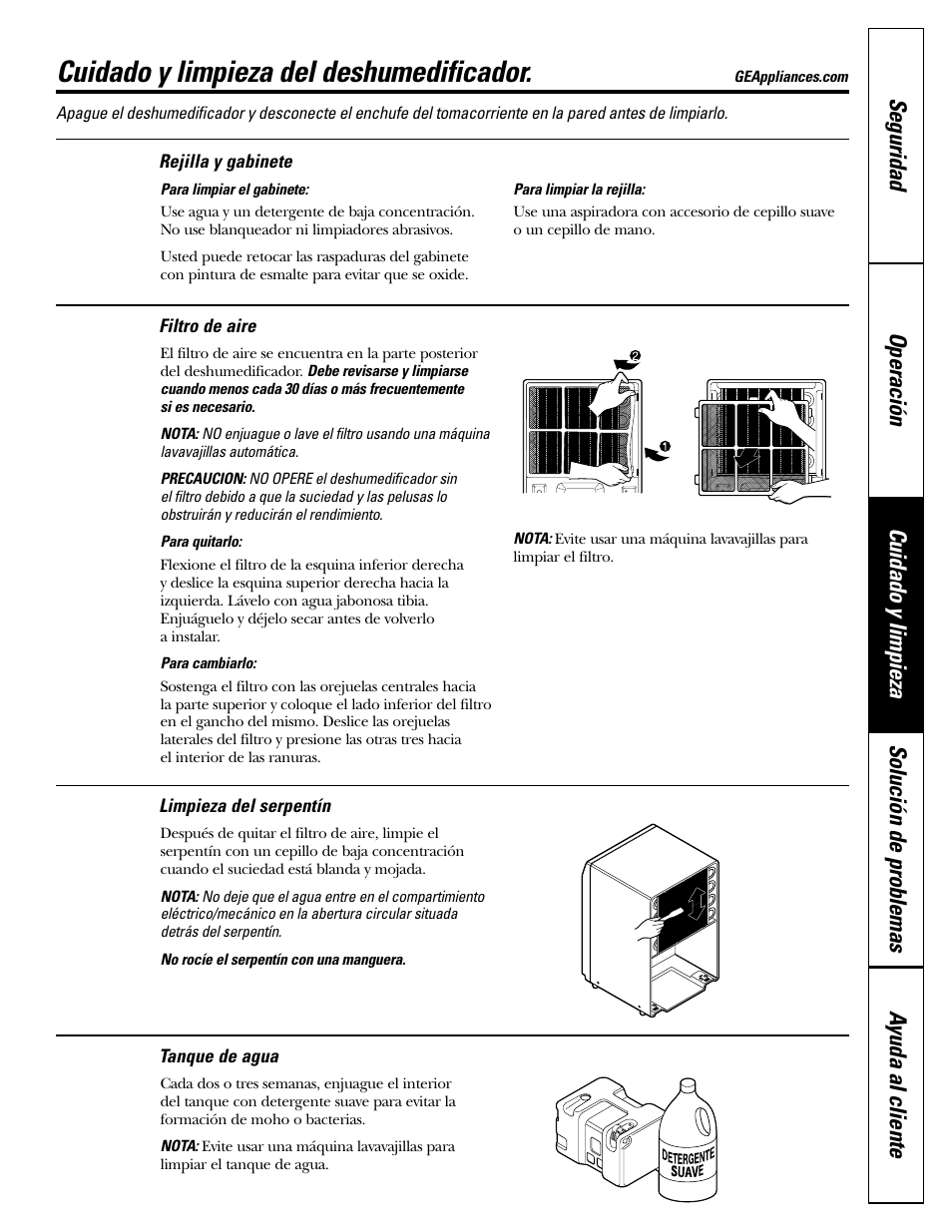 Filtro de aire, Limpieza del serpentín, Rejilla y gabinete | Tanque de agua, Cuidado y limpieza del deshumedificador | GE AHW30LH User Manual | Page 19 / 24