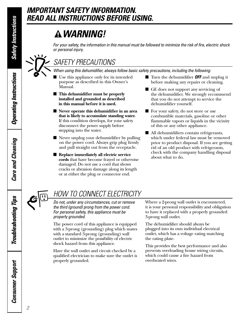 Safety instructions, Warning, Safety precautions | How to connect electricity | GE AHW30LH User Manual | Page 2 / 24