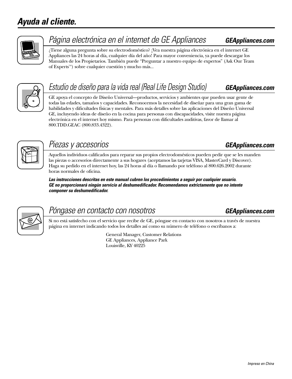 Ayuda al cliente, Piezas y accesorios, Póngase en contacto con nosotros | GE AHW30LH User Manual | Page 24 / 24