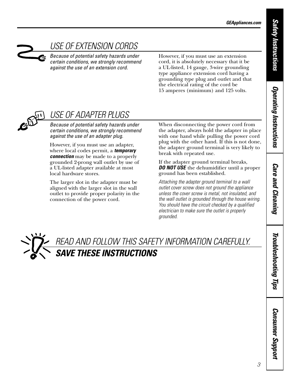 Use of extension cords | GE AHW30LH User Manual | Page 3 / 24