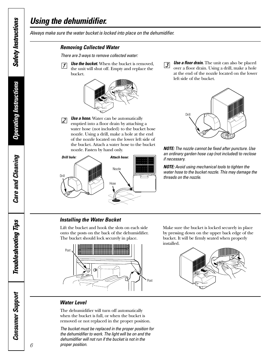 Installing the water bucket, Removing collected water, Water level | Using the dehumidifier | GE AHW30LH User Manual | Page 6 / 24
