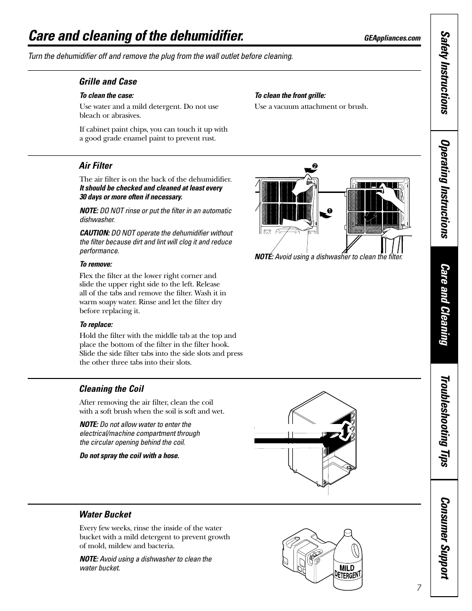 Air filter, Cleaning the coil, Grille and case | Water bucket, Care and cleaning of the dehumidifier | GE AHW30LH User Manual | Page 7 / 24