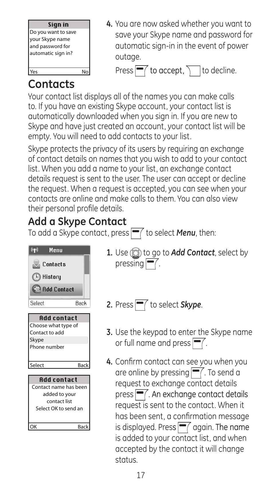 Contacts, Add a skype contact | GE 28310 User Manual | Page 17 / 60