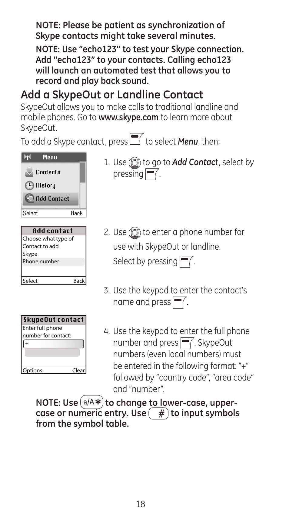 Add a skypeout or landline contact | GE 28310 User Manual | Page 18 / 60