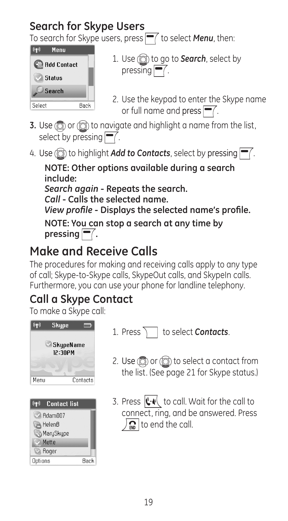 Make and receive calls, Search for skype users, Call a skype contact | GE 28310 User Manual | Page 19 / 60