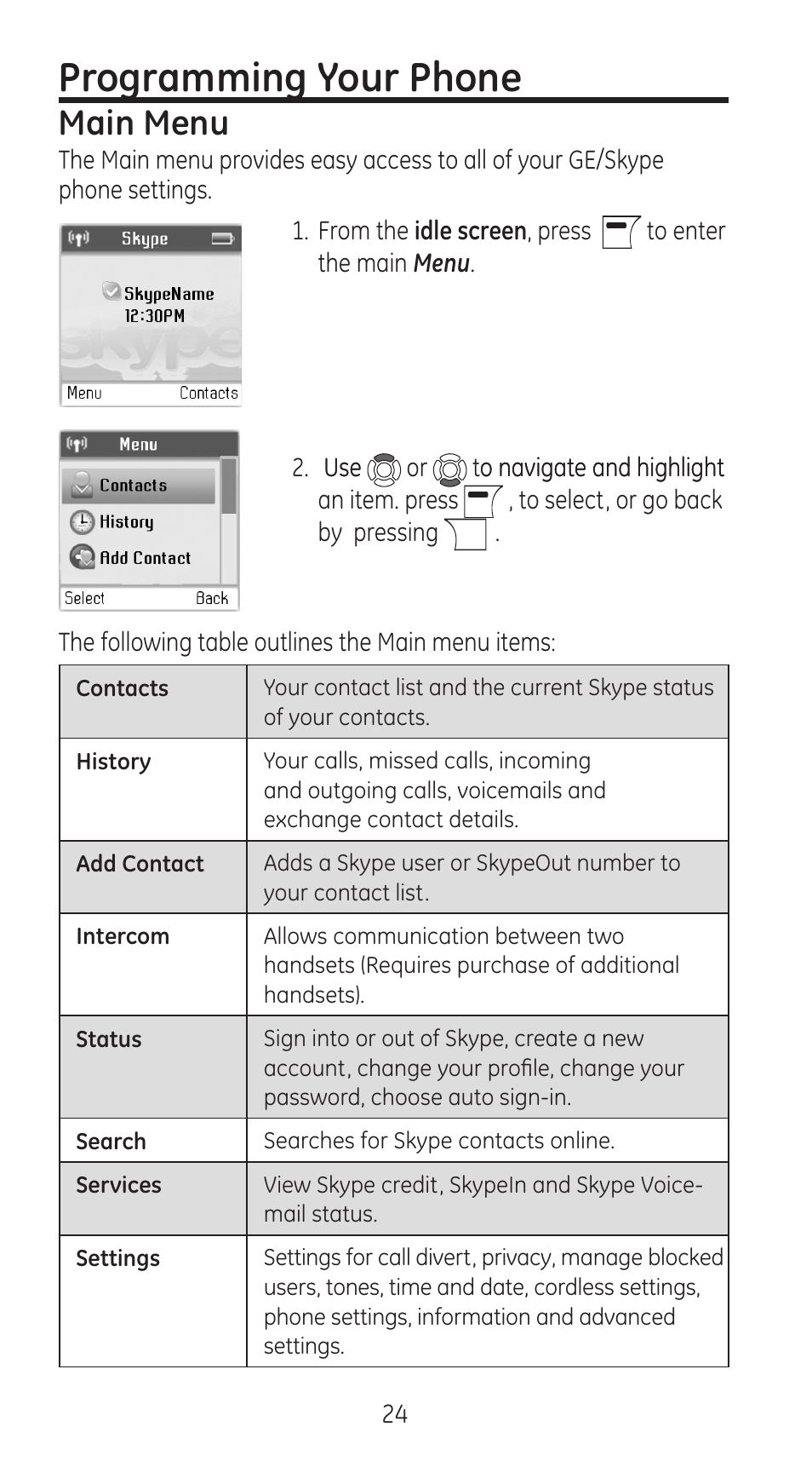 Programming your phone, Main menu | GE 28310 User Manual | Page 24 / 60