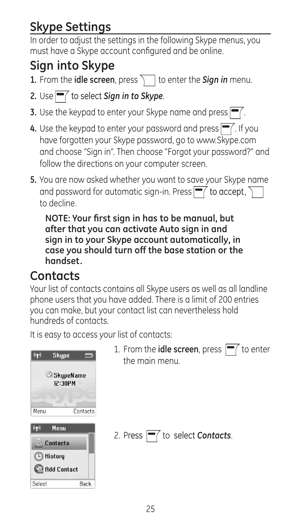 Skype settings, Sign into skype, Contacts | GE 28310 User Manual | Page 25 / 60