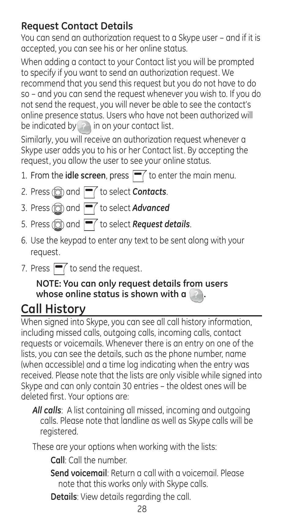 Call history | GE 28310 User Manual | Page 28 / 60