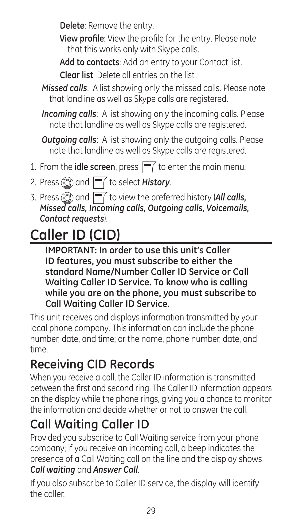 Caller id (cid), Receiving cid records, Call waiting caller id | GE 28310 User Manual | Page 29 / 60