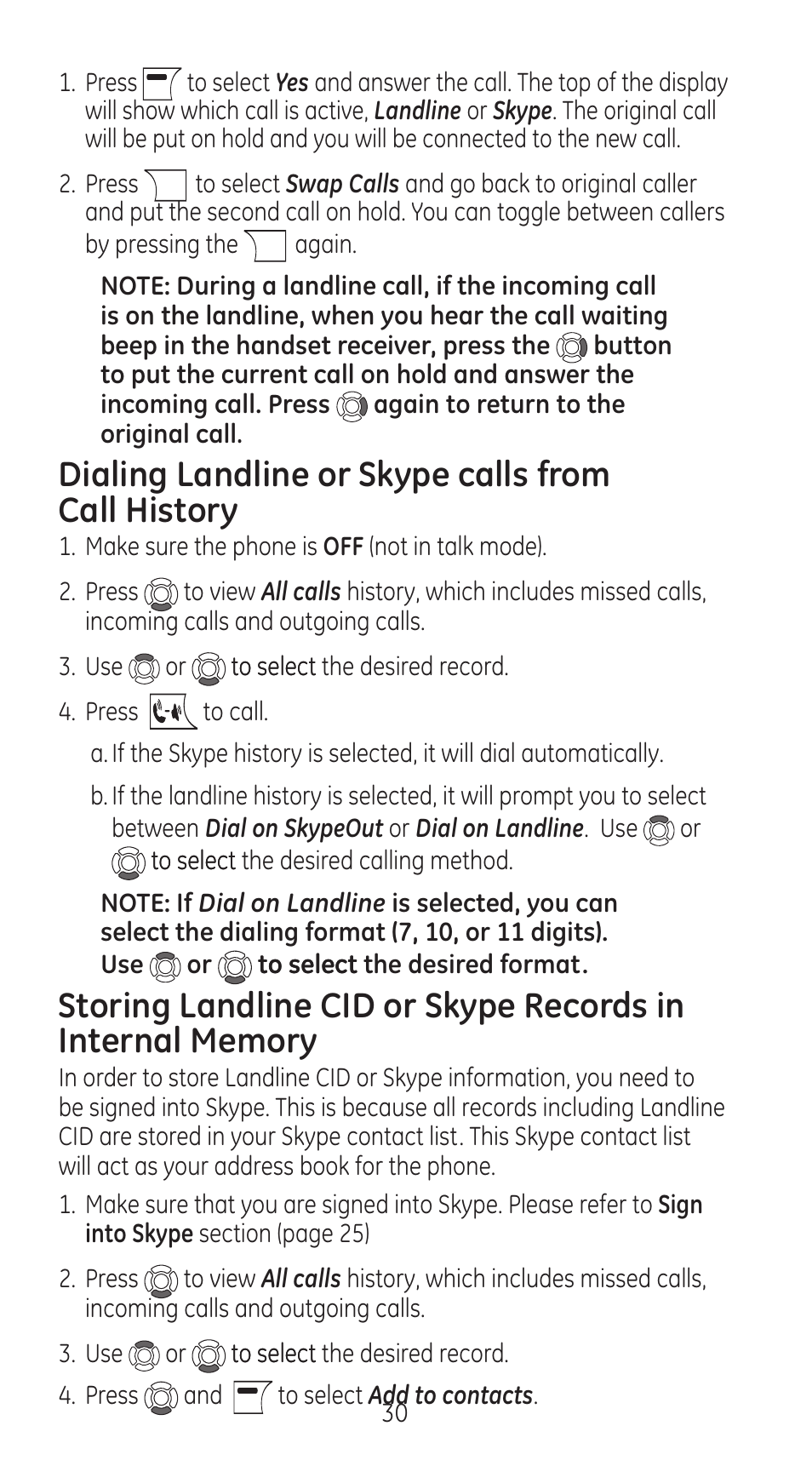 Dialing landline or skype calls from call history | GE 28310 User Manual | Page 30 / 60