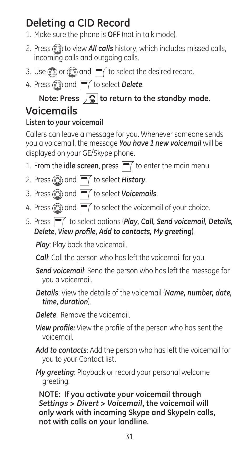 Deleting a cid record, Voicemails | GE 28310 User Manual | Page 31 / 60