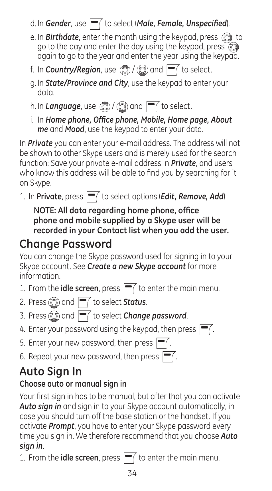 Change password, Auto sign in | GE 28310 User Manual | Page 34 / 60