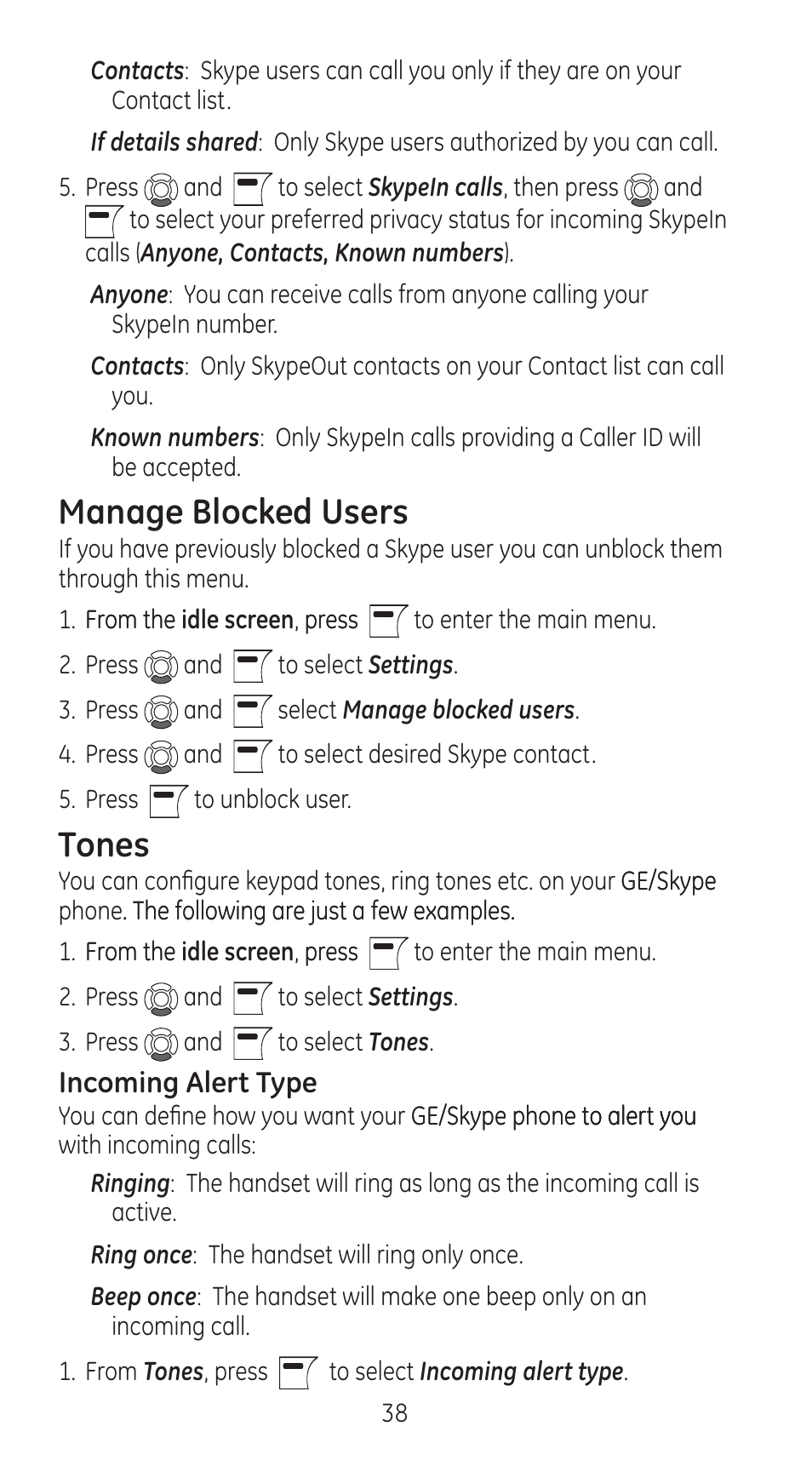 Manage blocked users, Tones | GE 28310 User Manual | Page 38 / 60