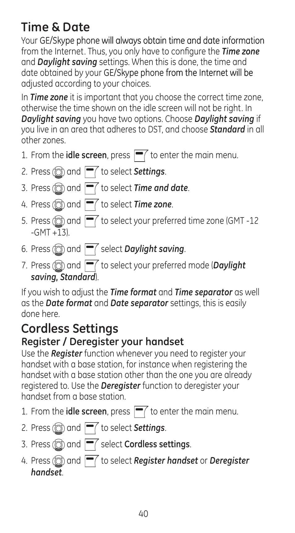 Time & date, Cordless settings | GE 28310 User Manual | Page 40 / 60