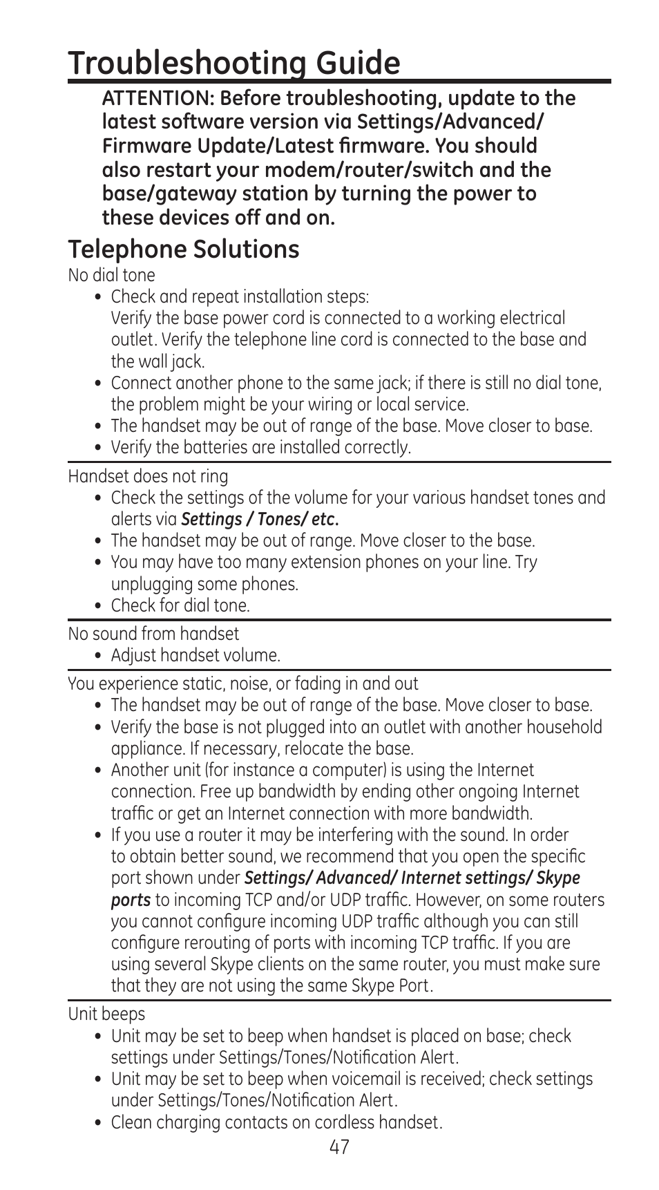 Troubleshooting guide, Telephone solutions | GE 28310 User Manual | Page 47 / 60