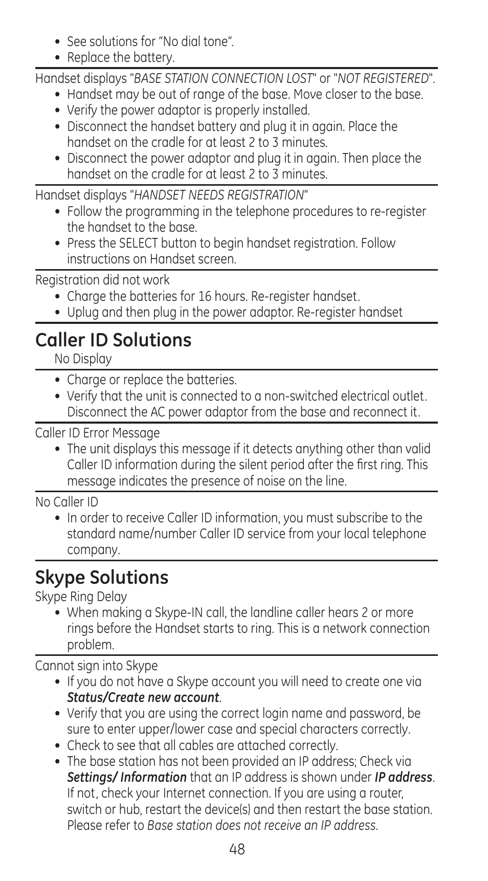 Caller id solutions, Skype solutions | GE 28310 User Manual | Page 48 / 60