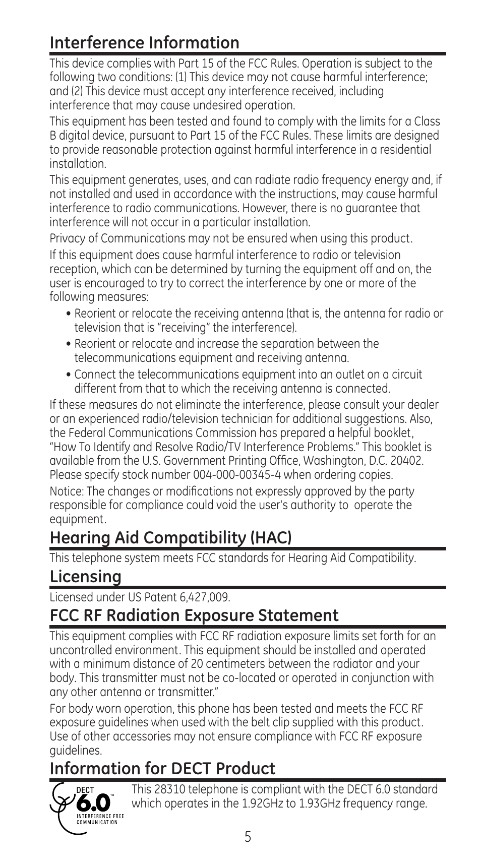 Interference information, Hearing aid compatibility (hac), Licensing | Fcc rf radiation exposure statement, Information for dect product | GE 28310 User Manual | Page 5 / 60