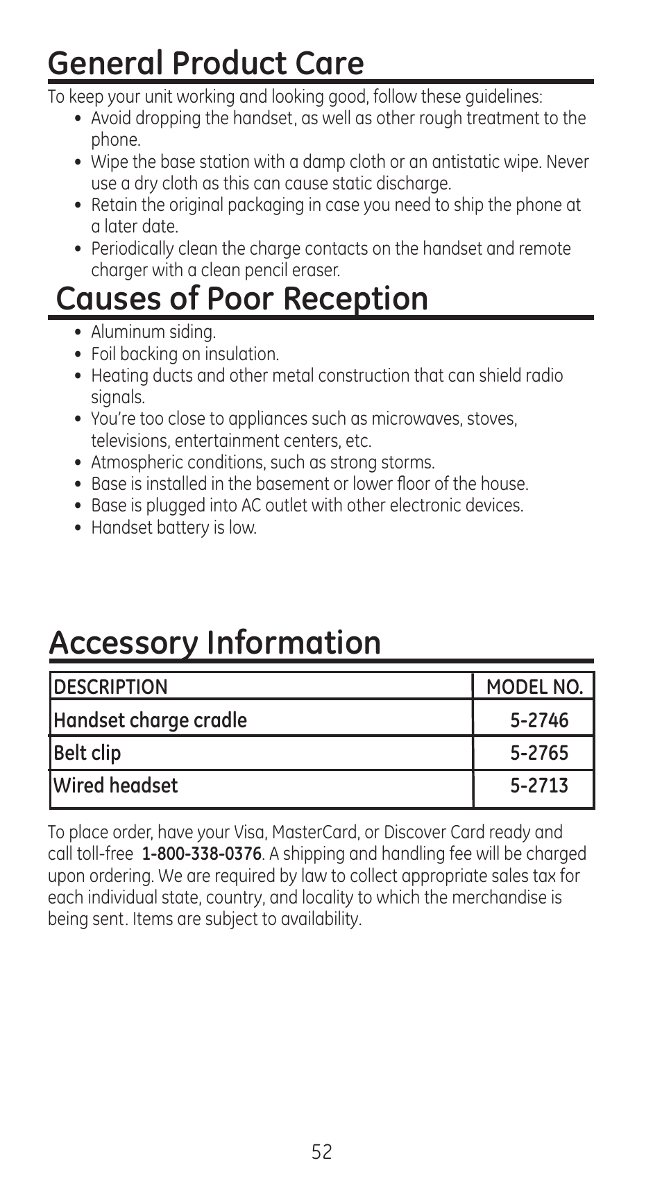 General product care, Causes of poor reception, Accessory information | GE 28310 User Manual | Page 52 / 60