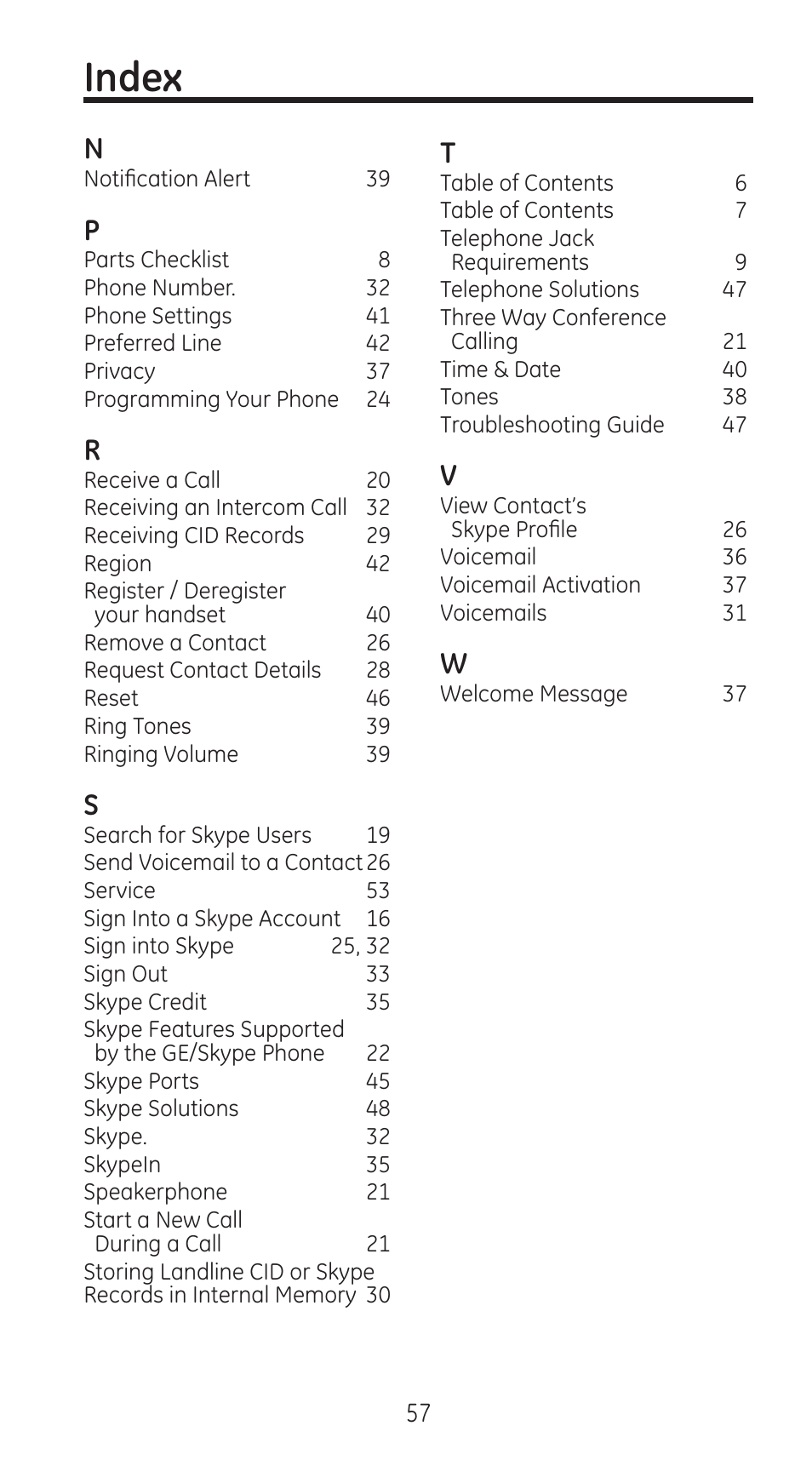 Index | GE 28310 User Manual | Page 57 / 60