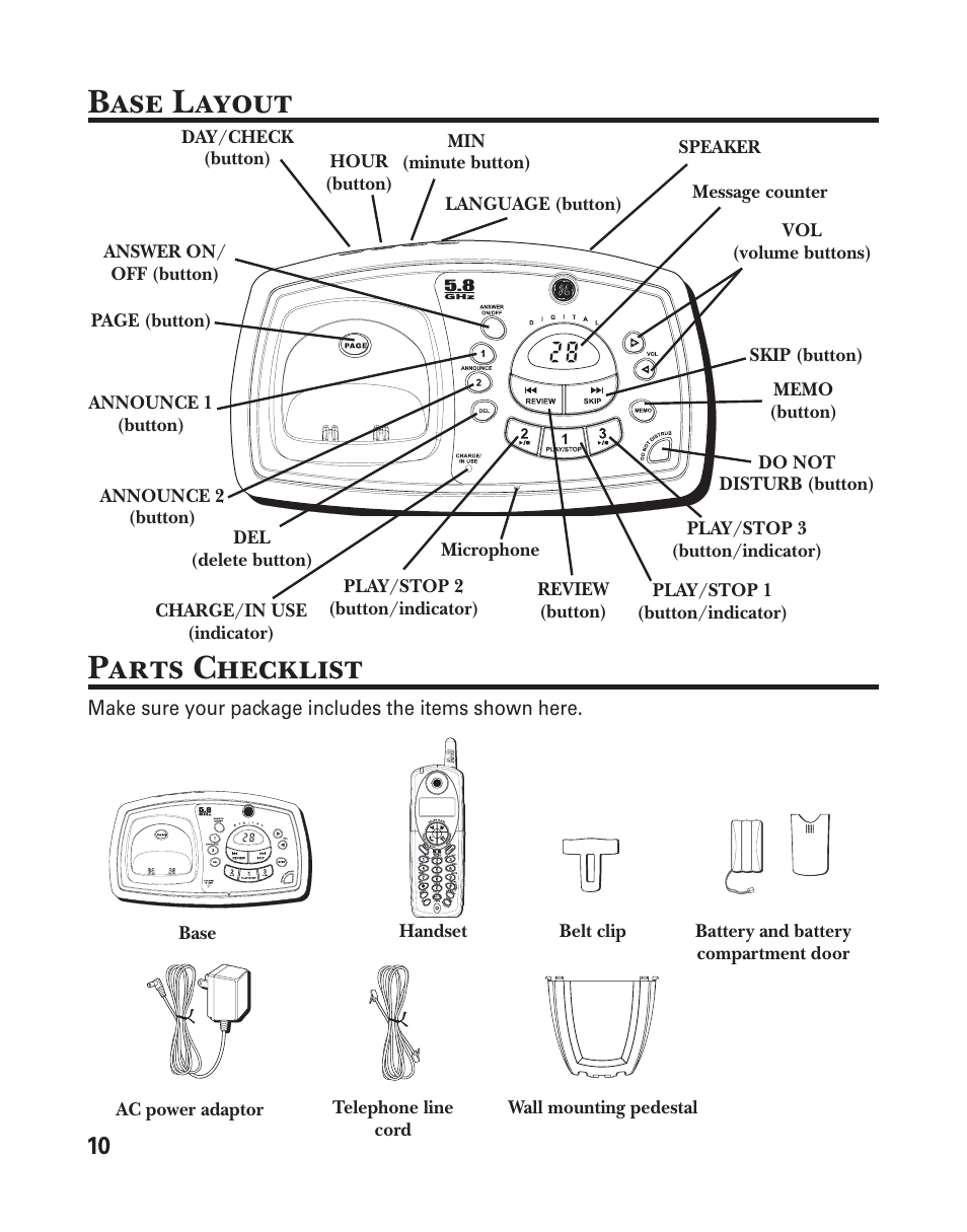Base layout parts checklist | GE 25833 User Manual | Page 10 / 104